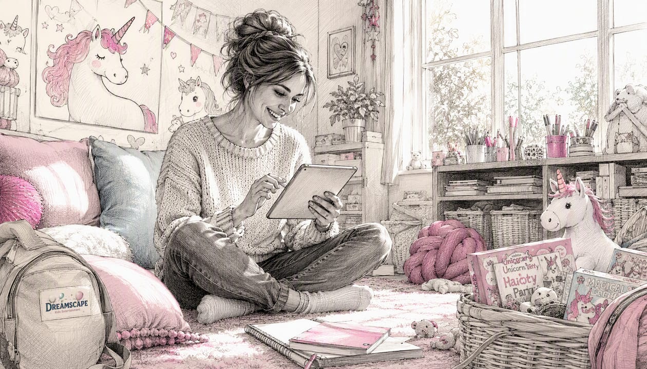 Parent browsing unicorn party packages on tablet