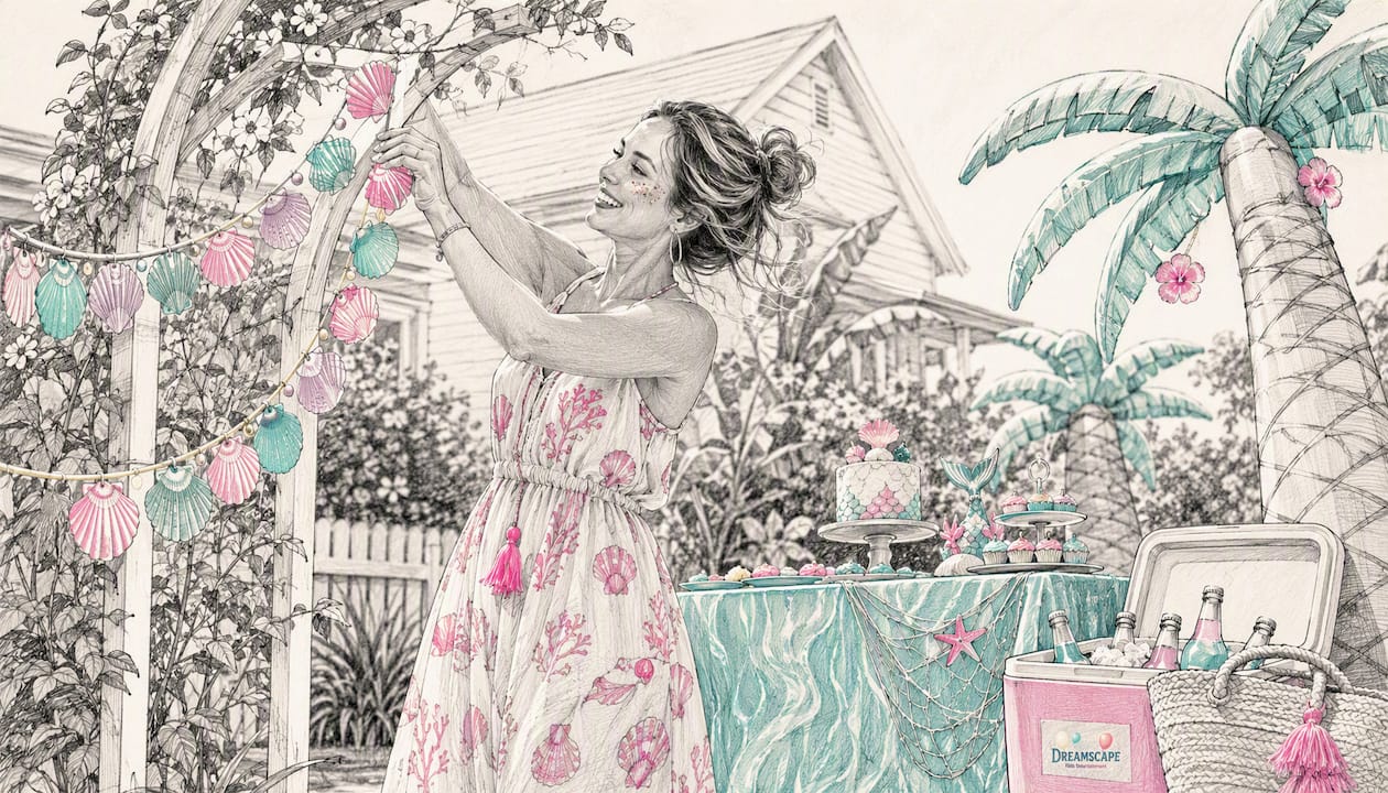 Mother setting up mermaid party backyard