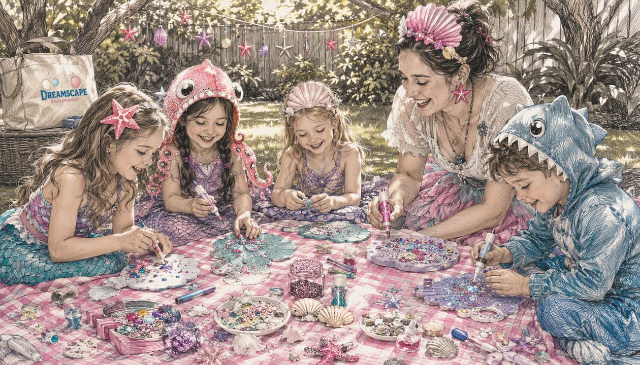 Children crafting mermaid party bracelets indoors