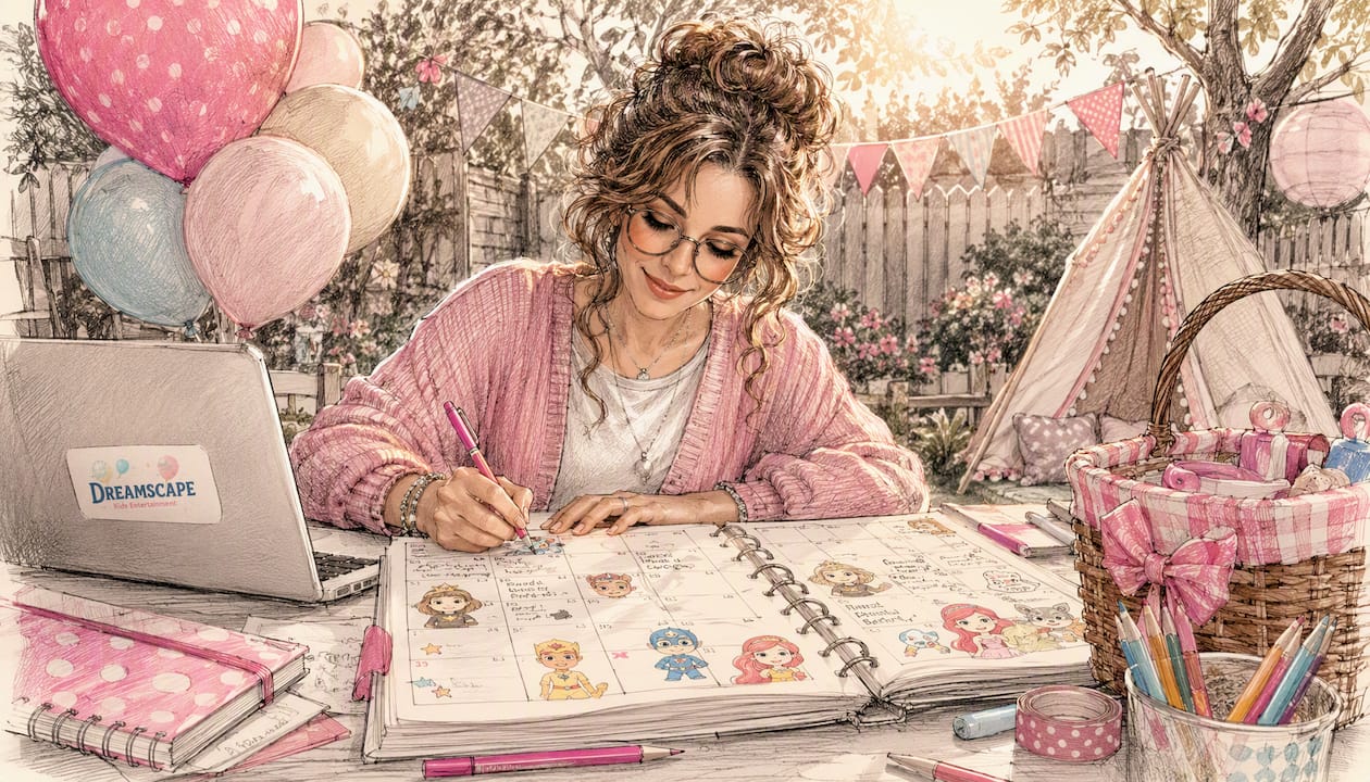 Planner organizing multi-character kids party
