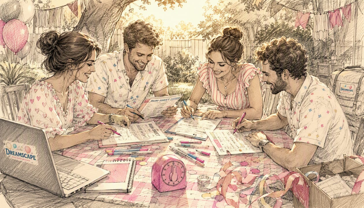 Hand holding party run-sheet with supplies