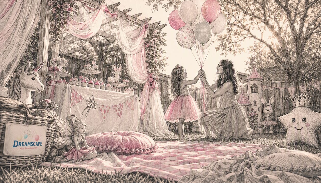 Family setting up princess party decorations indoors