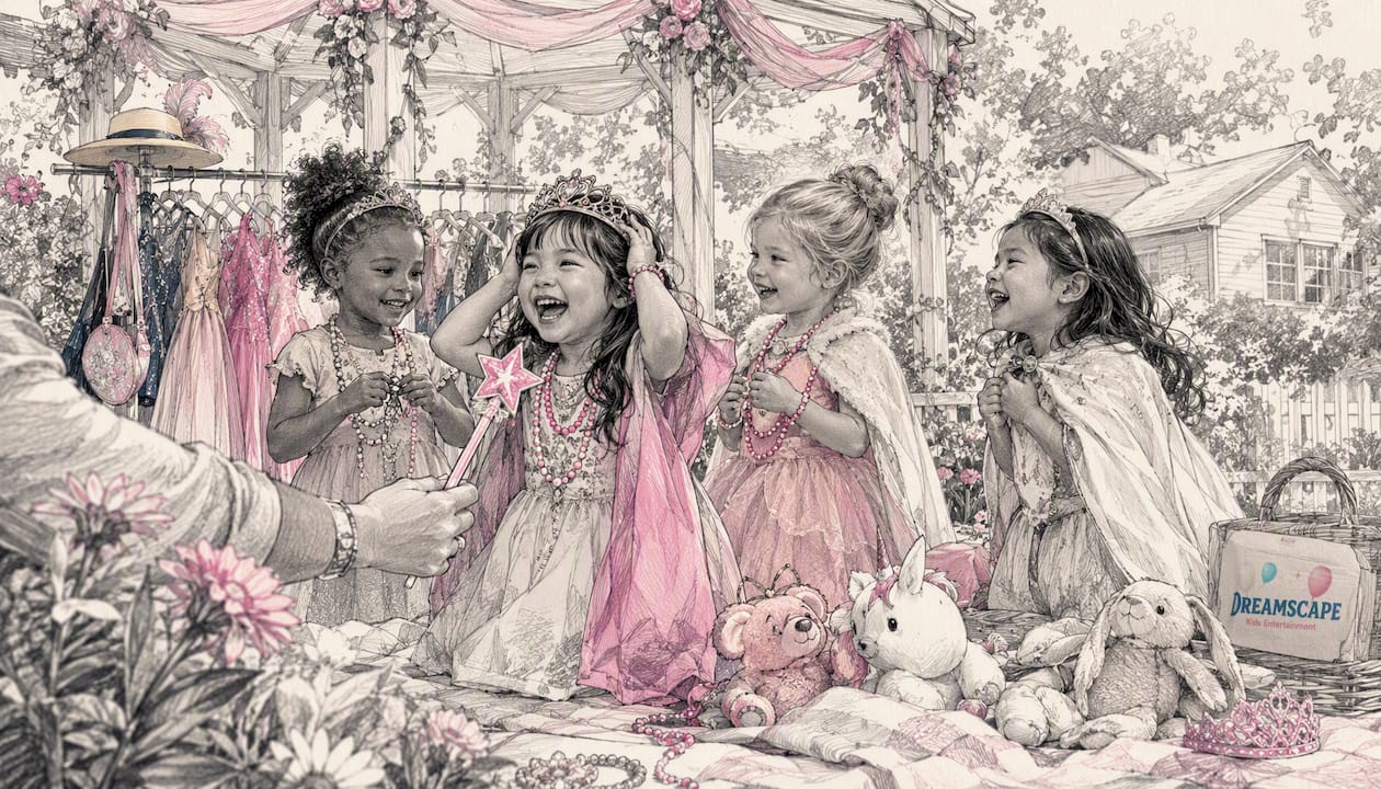 Children enjoying princess dress-up station outside
