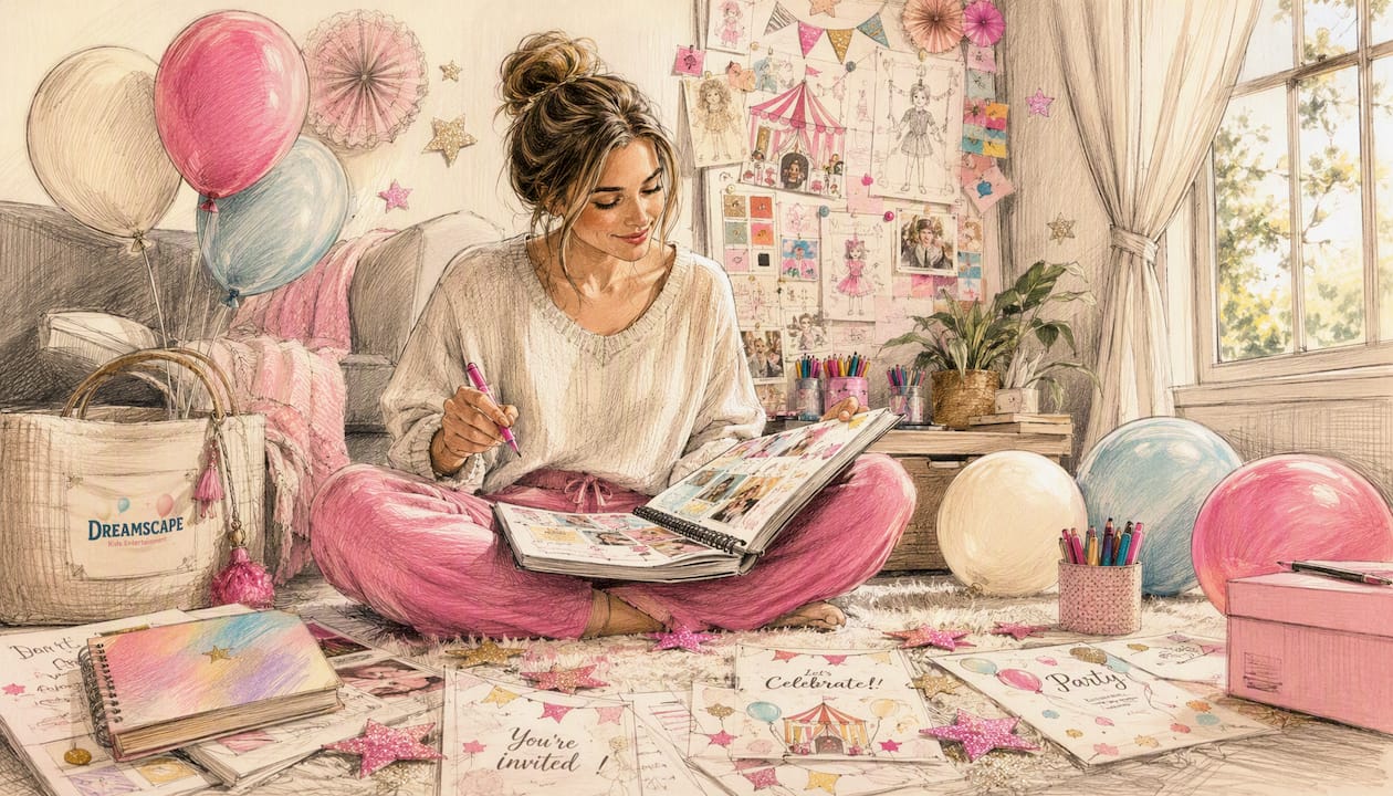 Mother planning princess party at home table