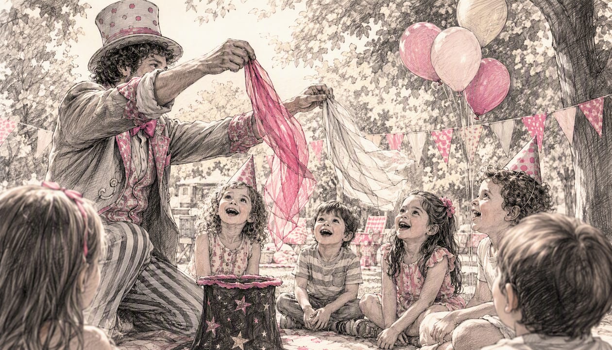 Children's party entertainer performing magic tricks
