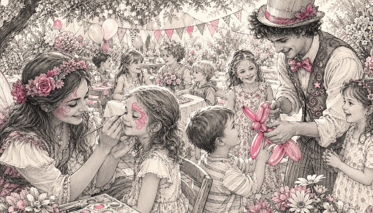 Children with face paint and balloon sculptures