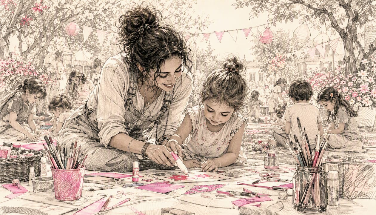 Child and artist hands crafting colorful art at workshop