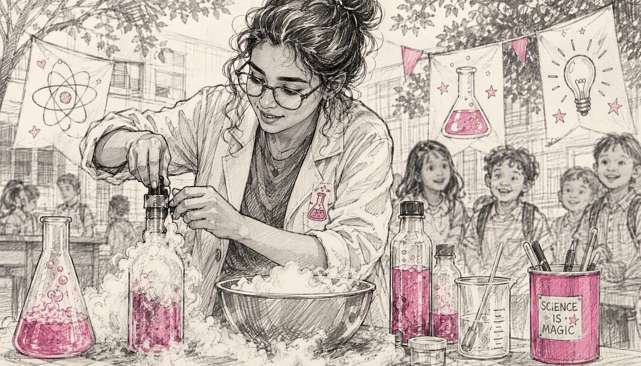 Hands preparing science experiments at mobile science show