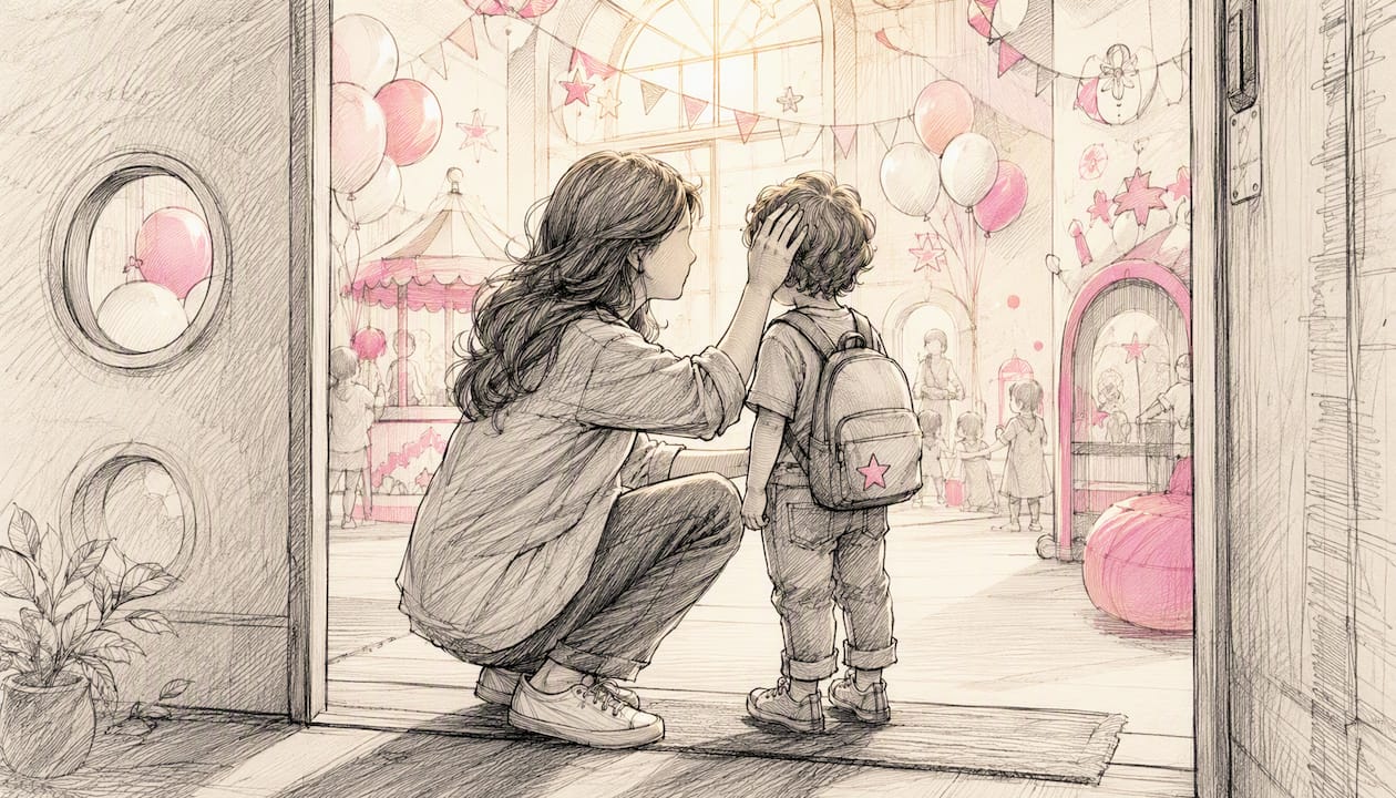 Parent comforting child during party drop-off