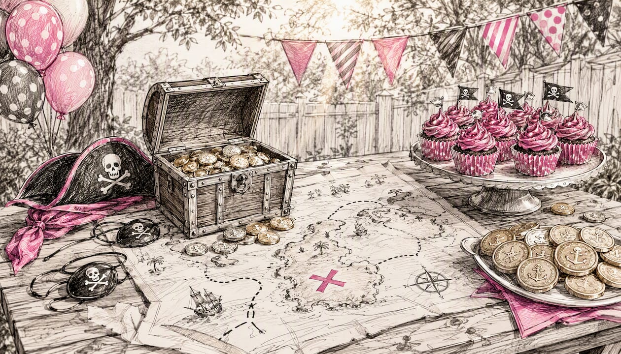 Pirate party setup with treasure chest and crafts