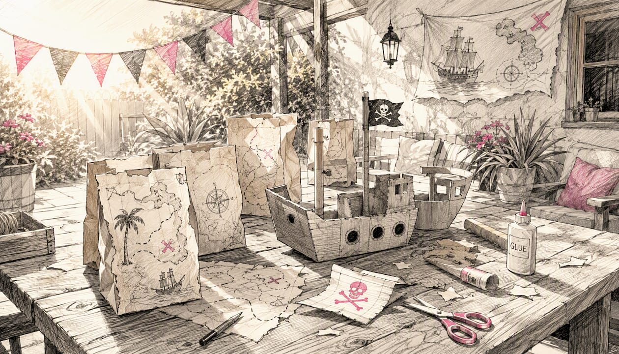 DIY pirate party decorations on a craft table