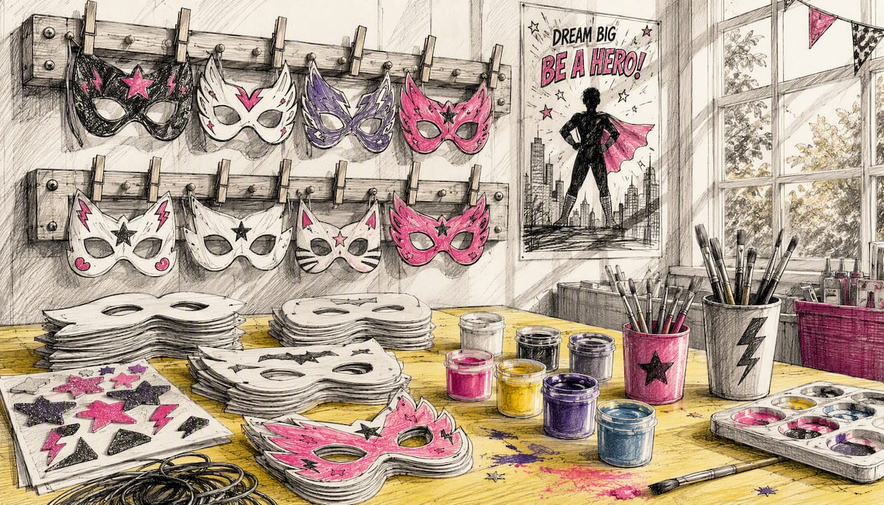 Superhero mask craft supplies and drying rack close-up