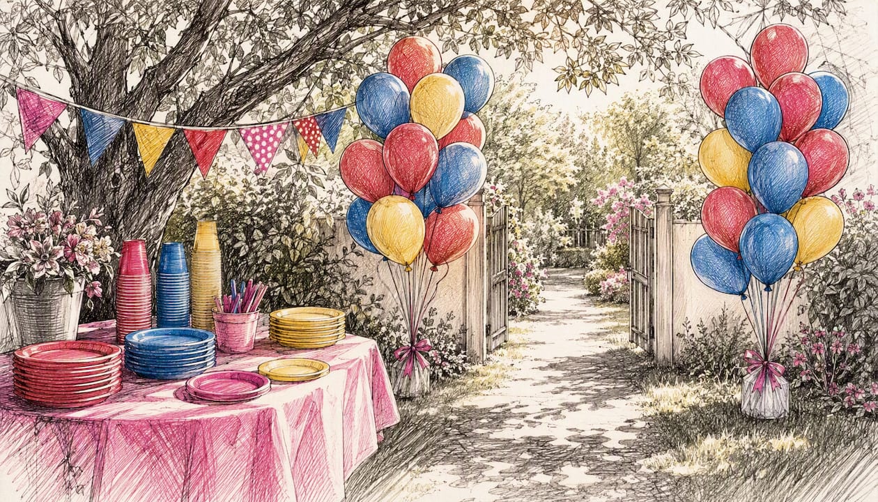 Superhero party balloons and tableware at party entrance