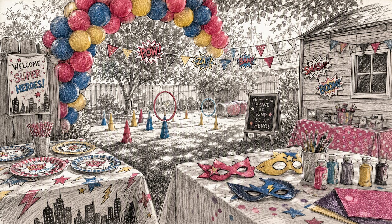 Backyard superhero birthday party setup with balloons and craft supplies
