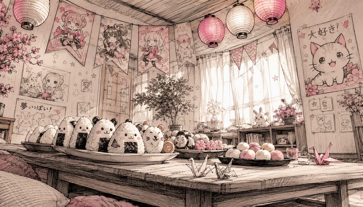 Anime-themed kids' party decorations and food table