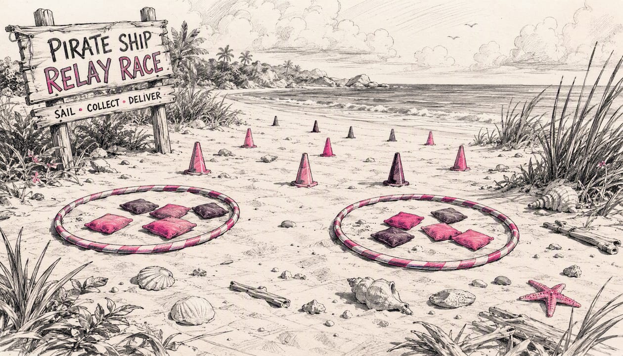 Pirate ship relay race setup outdoors