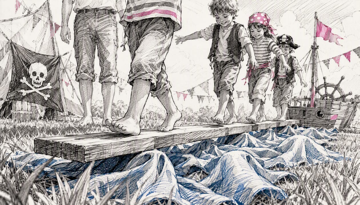 Child walking pirate plank outdoors
