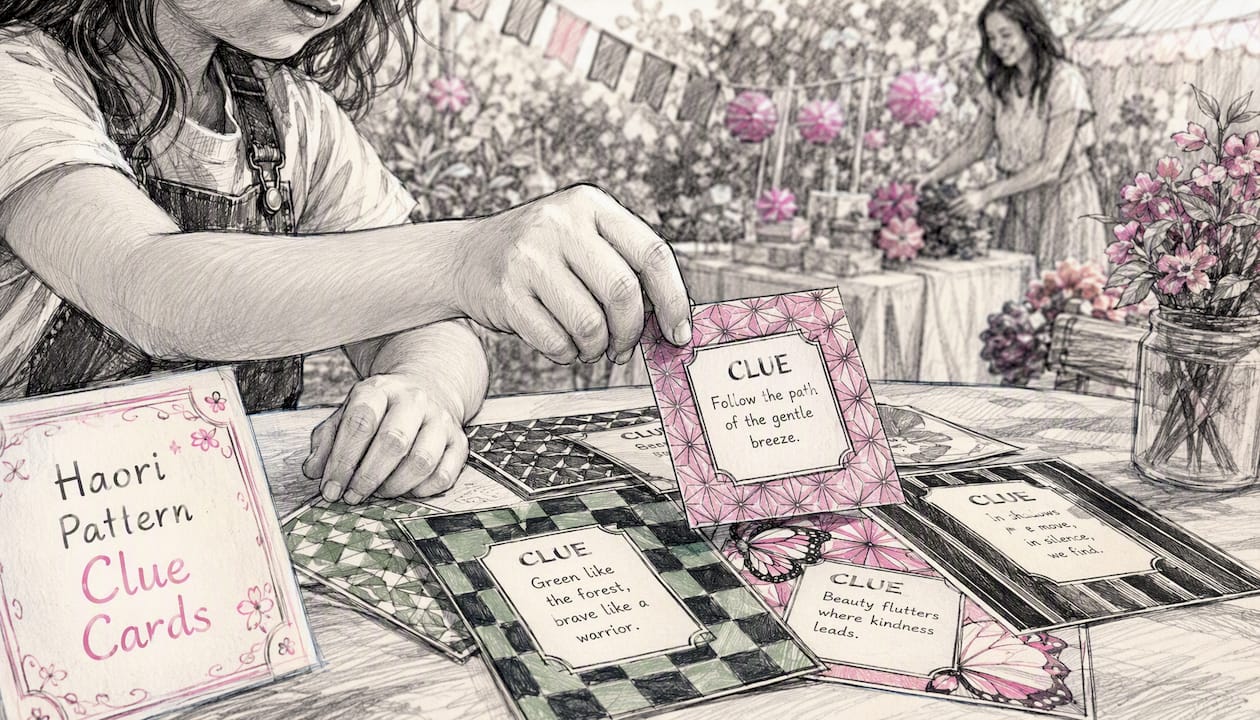 Child picking up Demon Slayer scavenger hunt clue card