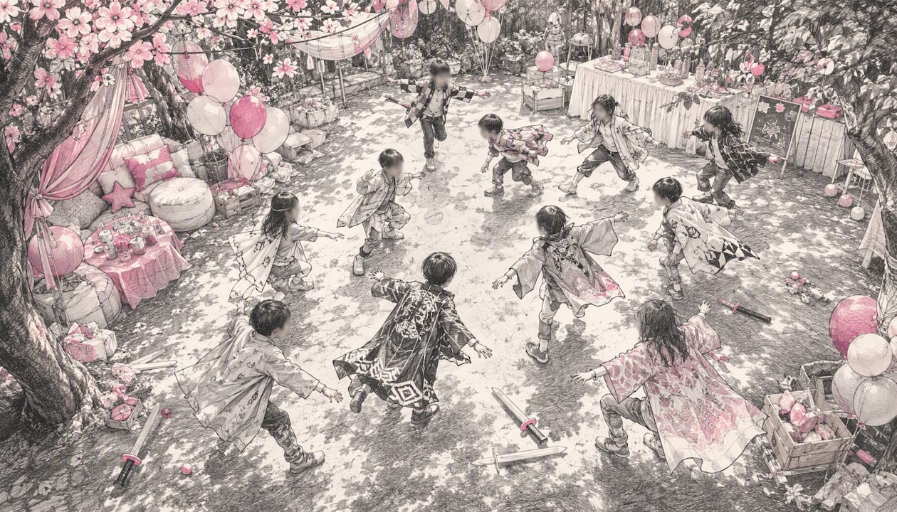 Kids playing freeze dance in Demon Slayer party