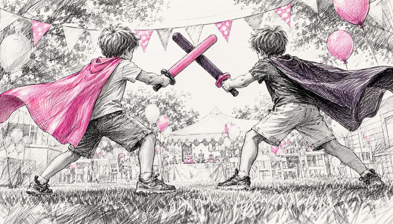 Kids dueling with foam swords outdoors