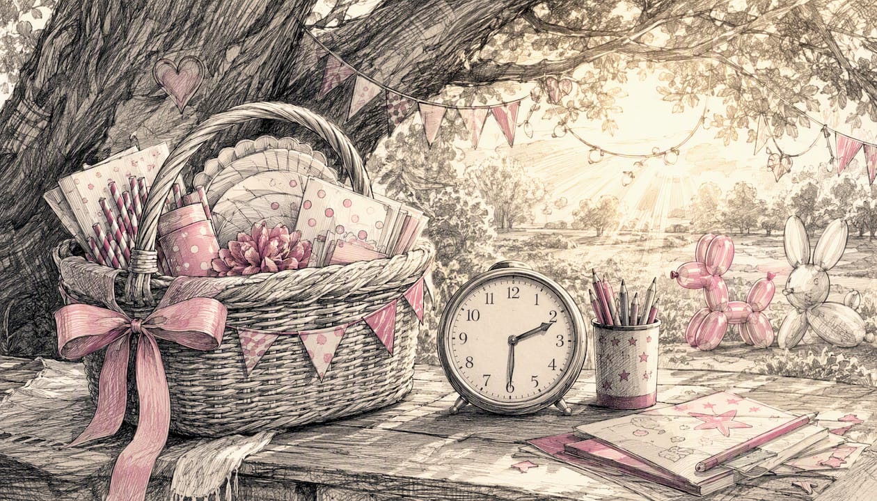 Clock and party supplies on picnic table