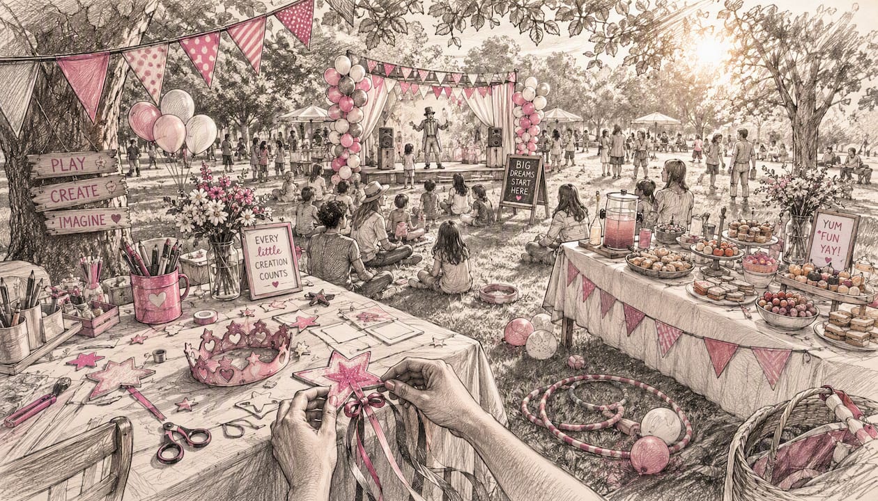 Family day party setup with activity zones