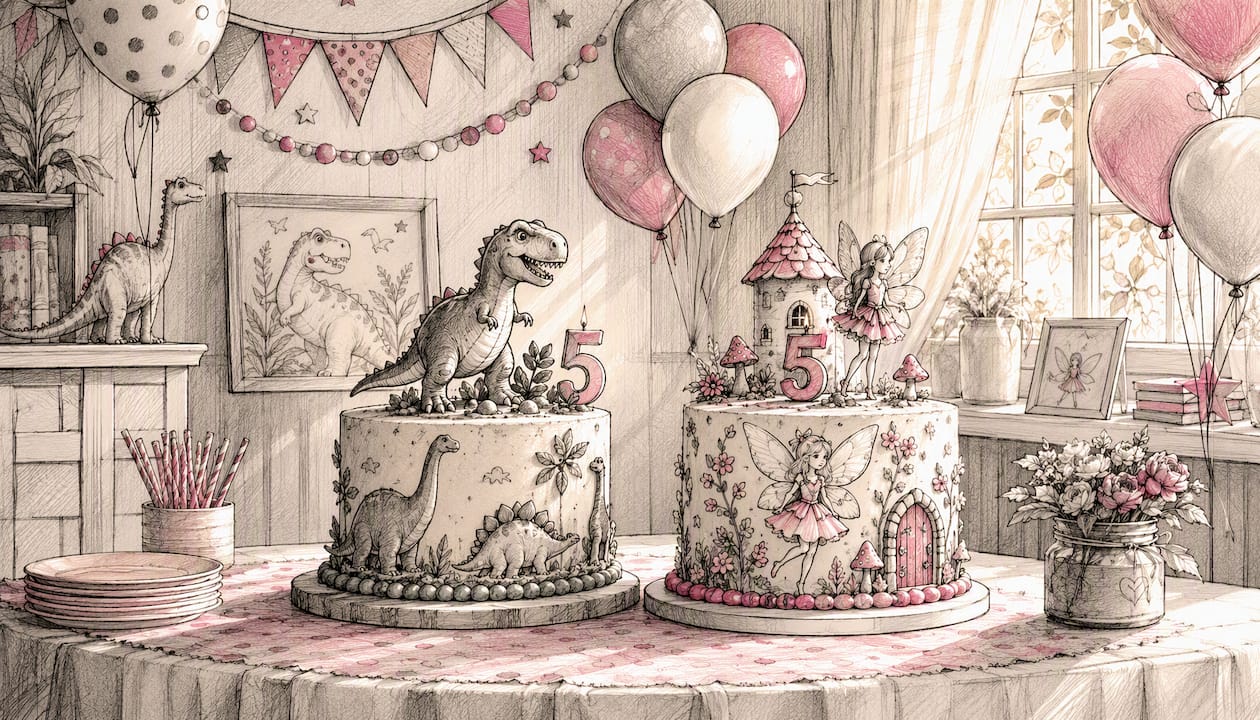 Two themed birthday cakes side by side for siblings