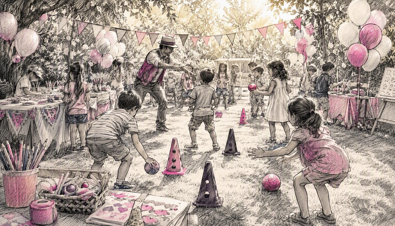Mixed-age kids playing games at party stations