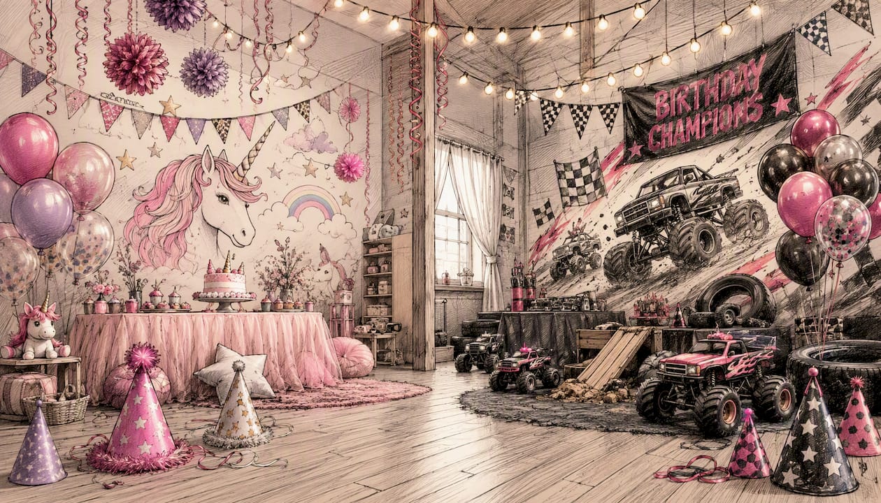 Joint birthday party with split mini zones themed unicorn and monster trucks