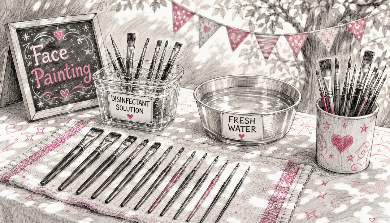 Clean face painting brushes and fresh water bowl