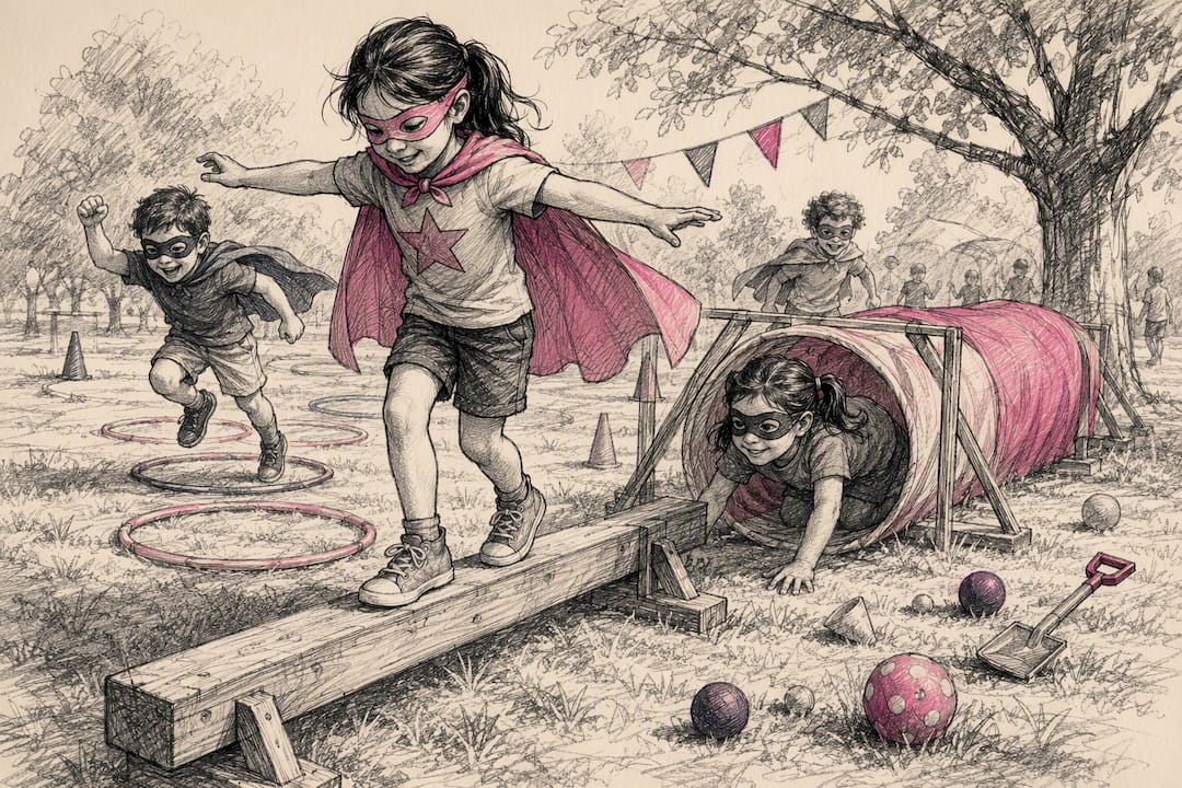 Kids in superhero capes on backyard obstacle course