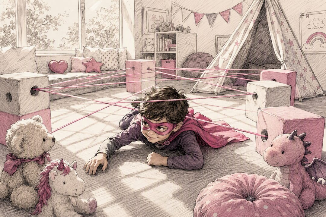 Kid crawling under string laser in playroom