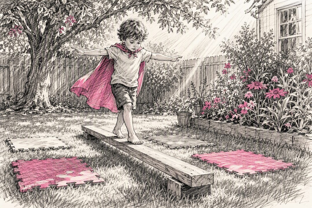 Child balancing on wooden plank with power orb