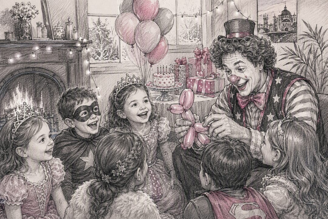 Indoor winter kids birthday party with magician and costumed children