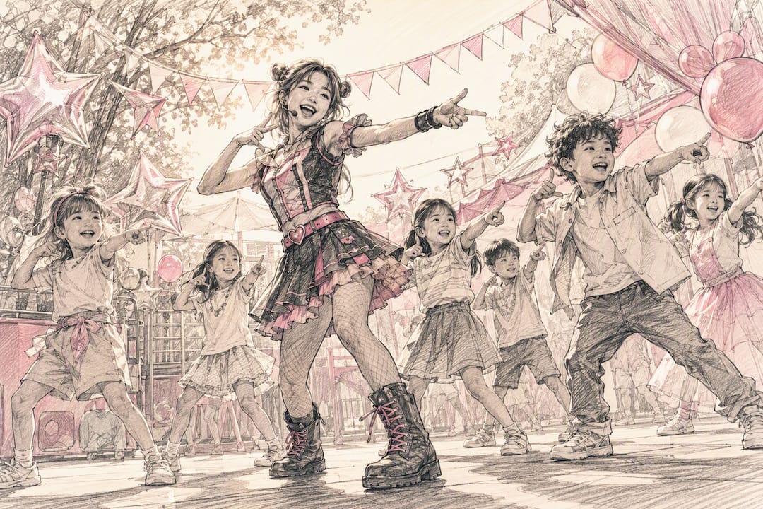 Kids dancing K-pop routine with entertainer
