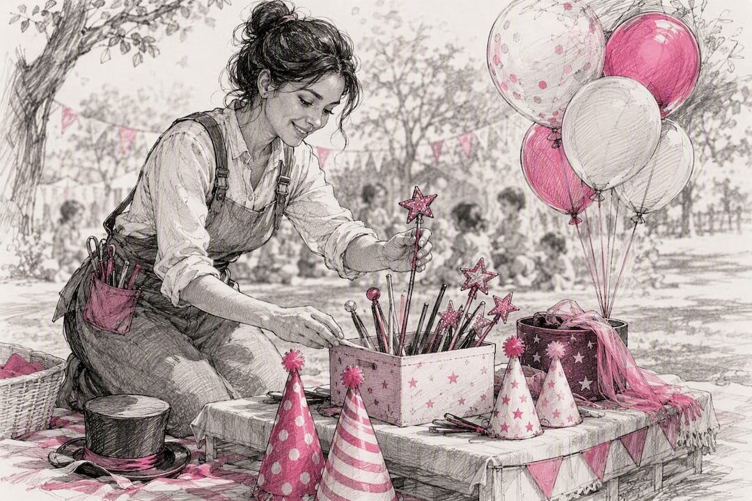 Entertainer preparing party props indoors
