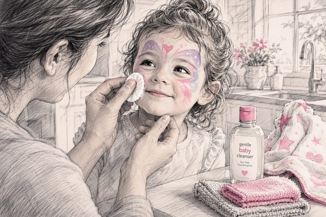 Parent gently removing face paint from child's cheek