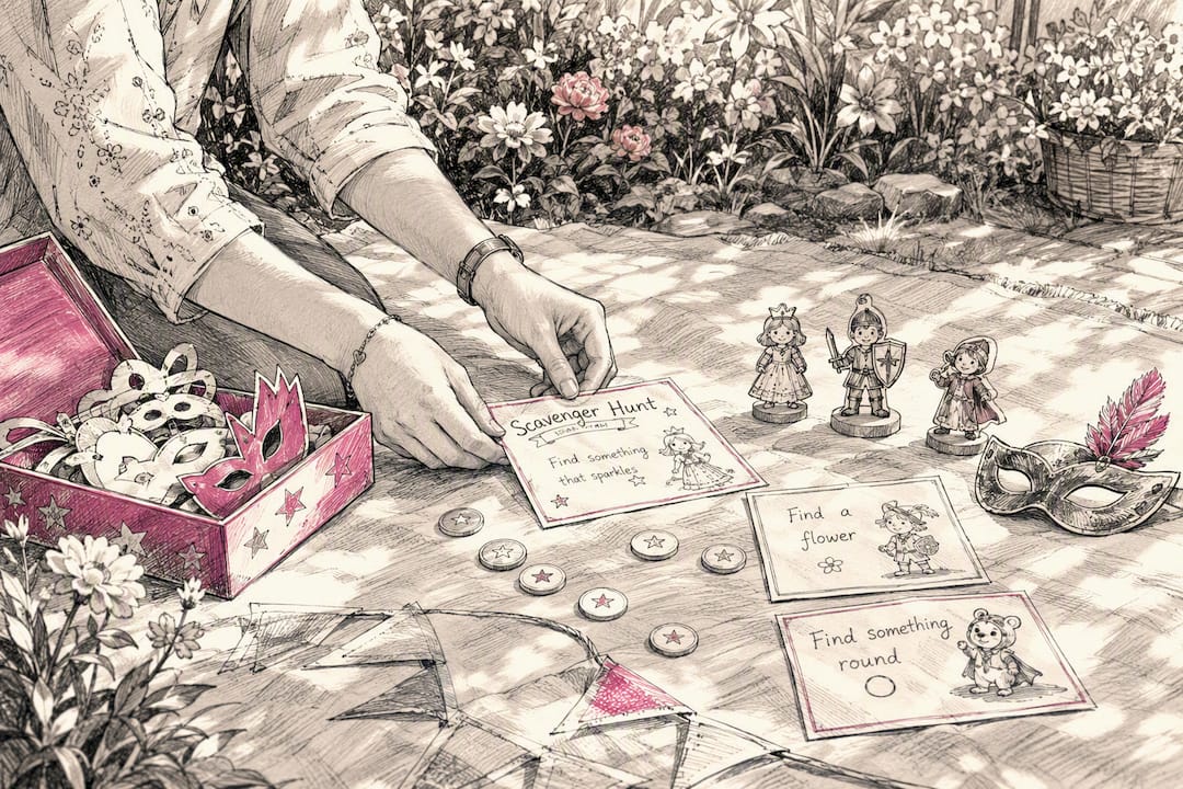 Hands setting up themed party game pieces