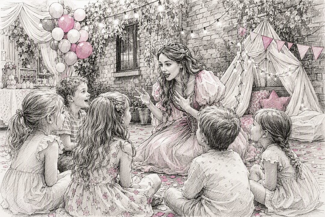 Princess entertainer playing with children at party