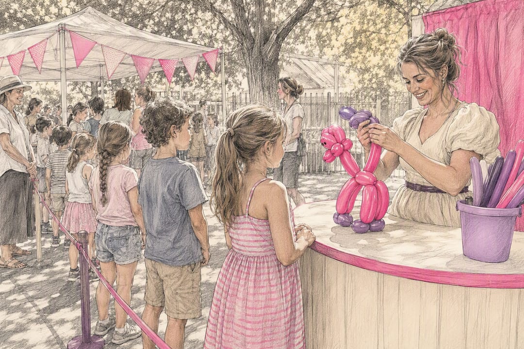 Balloon entertainer serving an organised queue