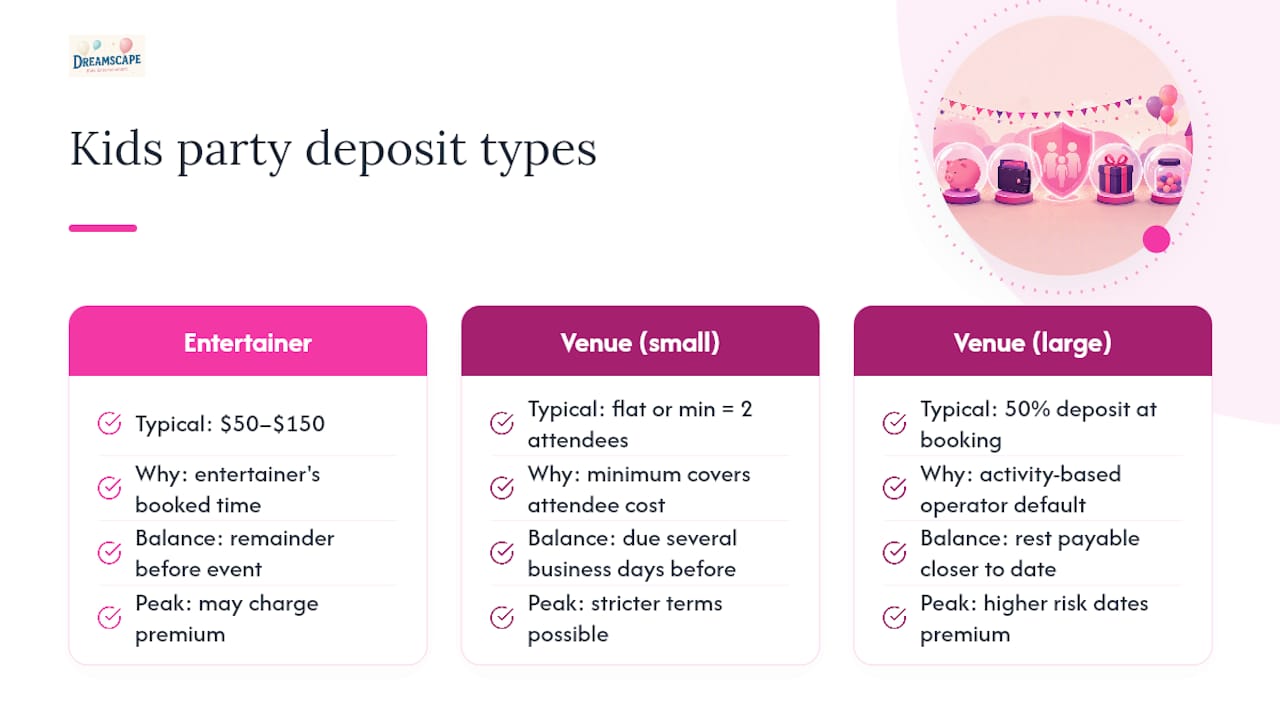 Comparison of Australian kids party deposit examples