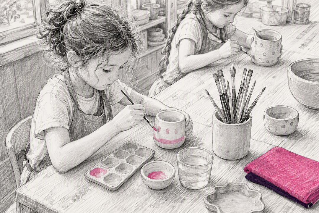 Children painting pottery at creative workshop