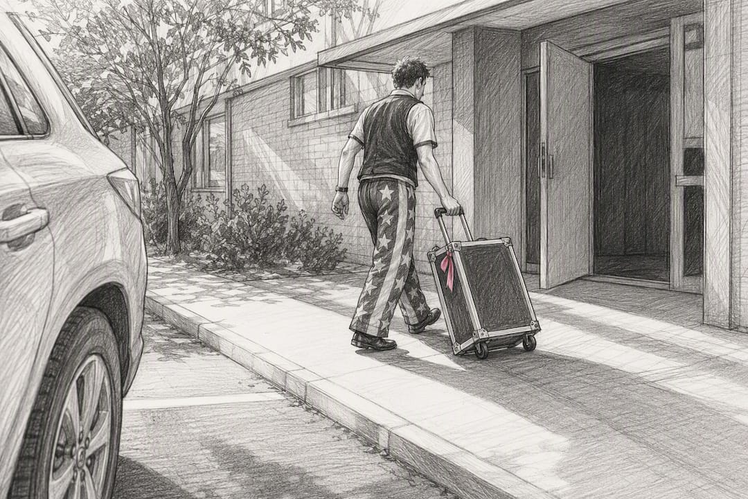 Entertainer moving costume case to school entrance