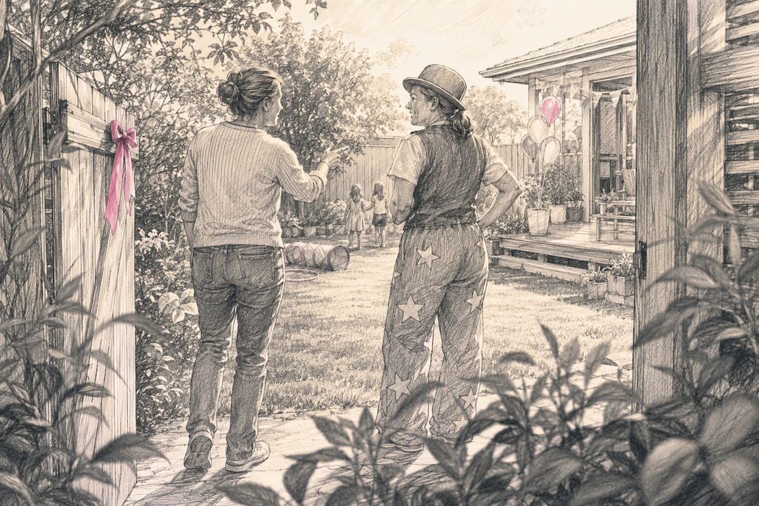 Parent and entertainer inspect backyard party access