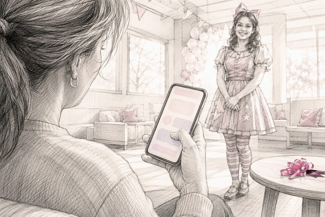 Parent checking entertainer credentials before party