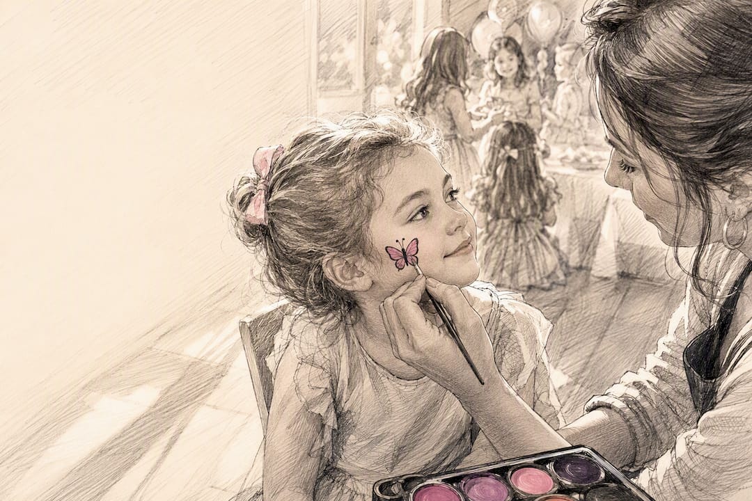 Face painter creating cheek art at party