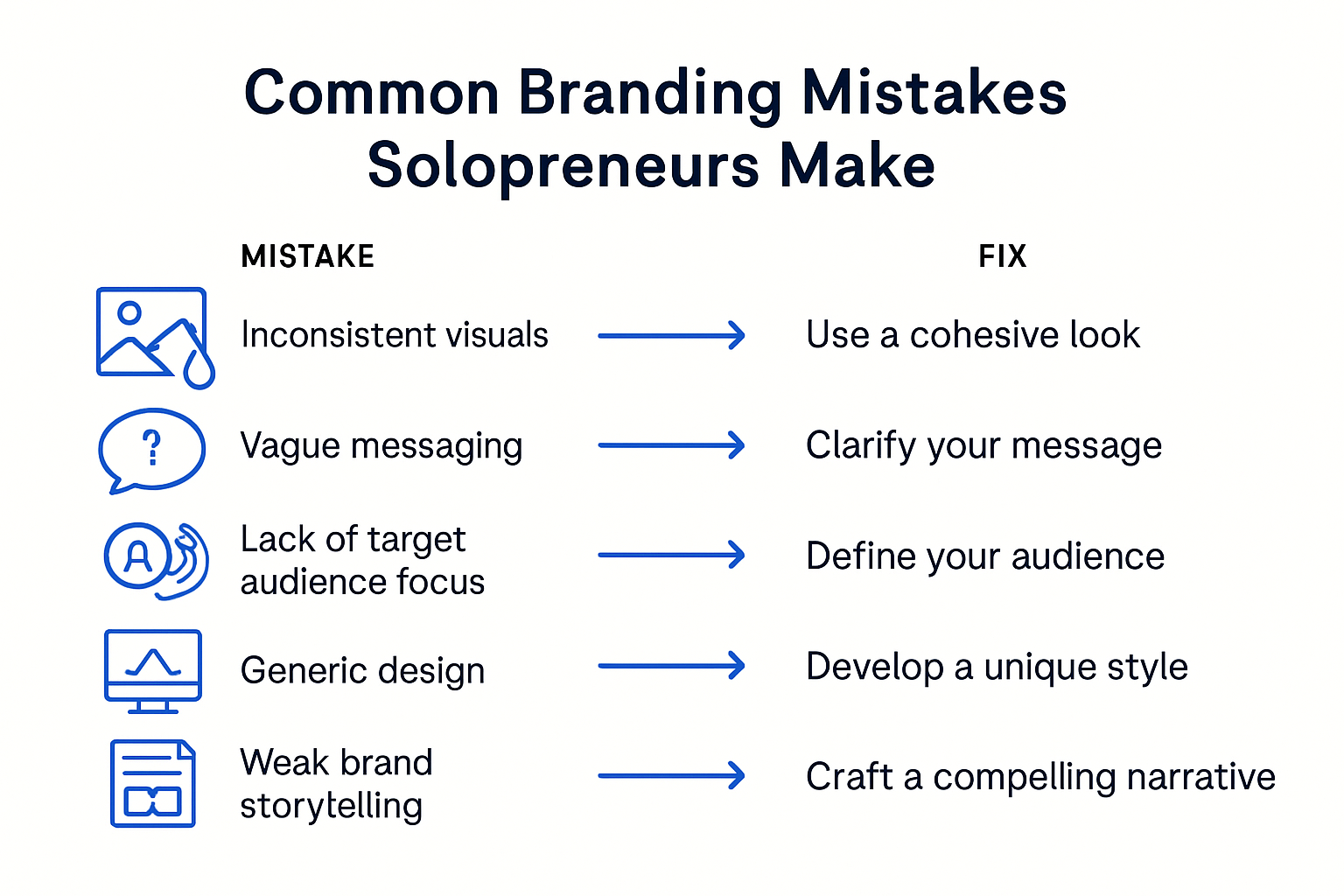 Branding Mistakes to Avoid: Essential Tips for Solopreneurs 3 Infographic showing common solopreneur branding mistakes and solutions