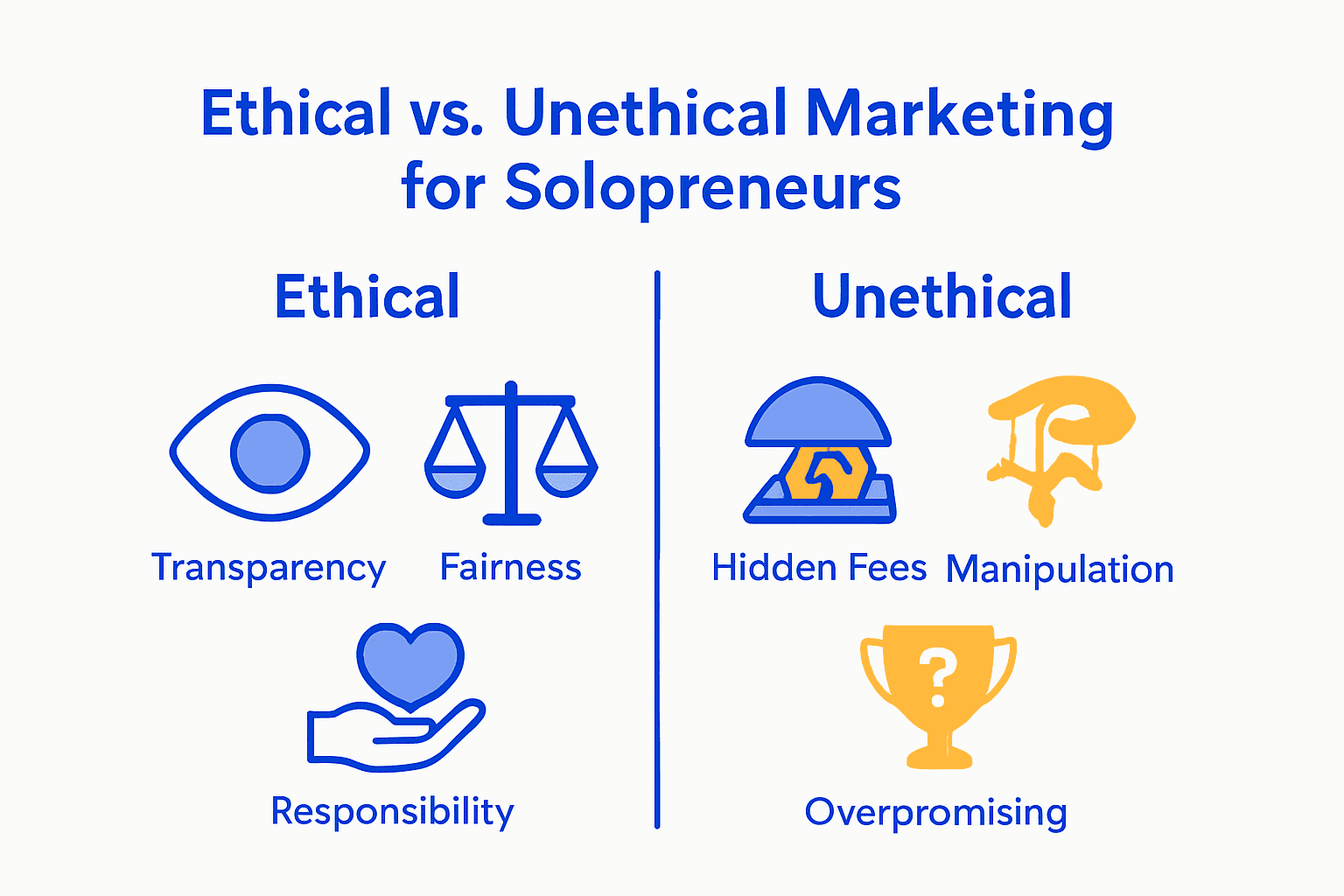 Infographic comparing ethical and unethical marketing practices for solopreneurs.