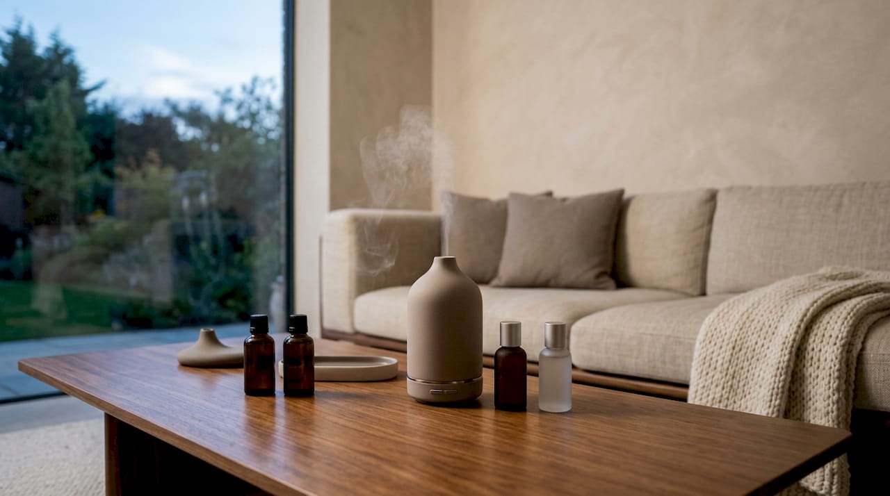 Cold air diffuser with luxury oil bottles on marble side table