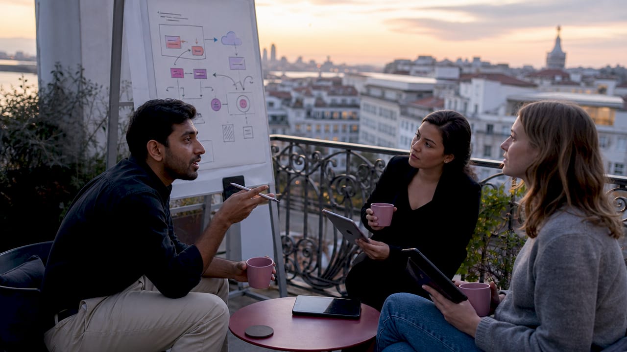 Team discussing AI decision workflow in meeting room